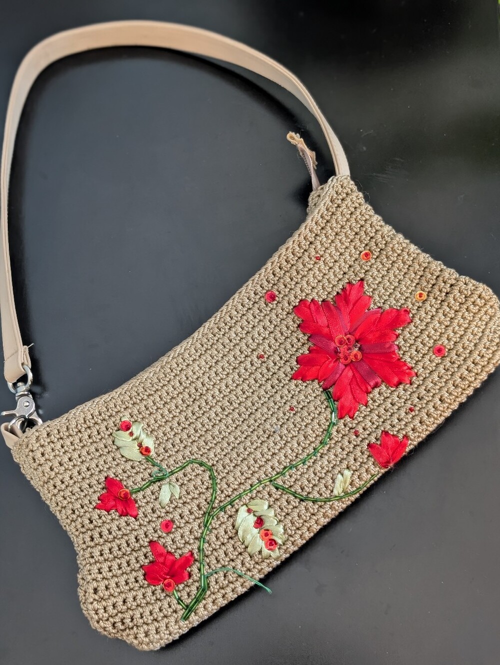 Beige Crochet Wristlet Clutch with Red Floral Appliqué